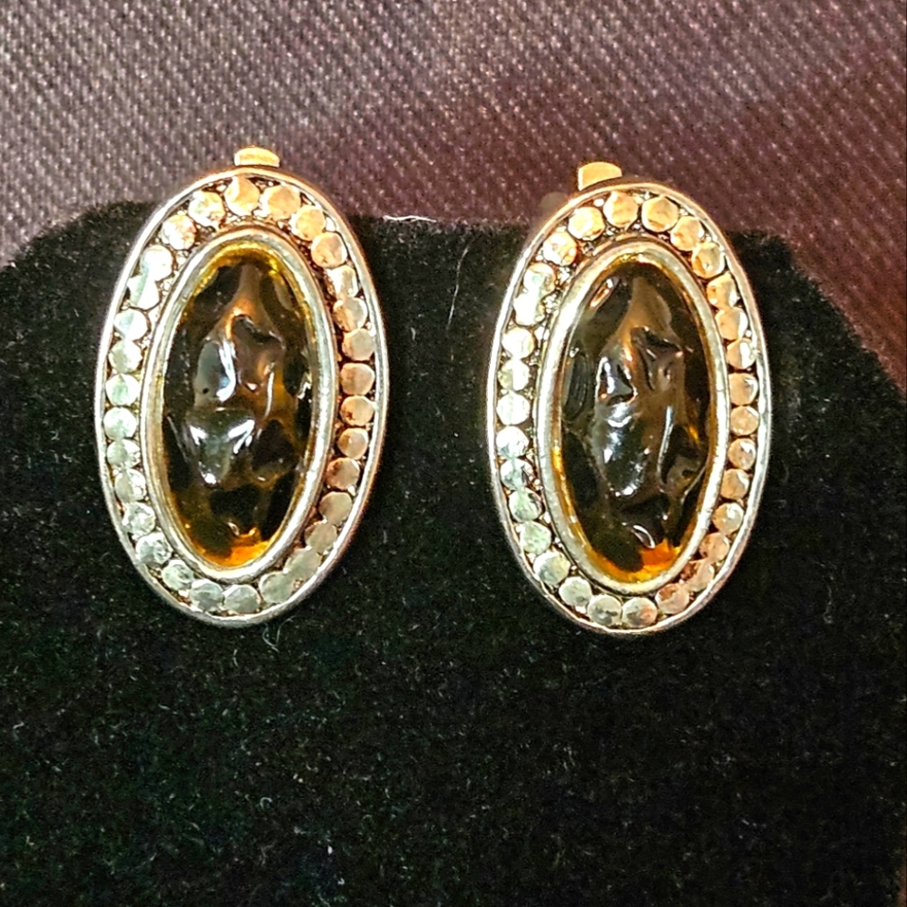 Vintage Oval Earrings with Amber and Silver Accents